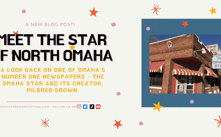 Multi-colored poster with black text reading "Meet the Star of North Omaha". A square of blue with an image of the North Omaha Star building. The poster is decorated with multi-colored stars and dots.
