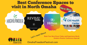 Logos of 5 Best conference spaces to visit in North Omaha. Background is yellow color.